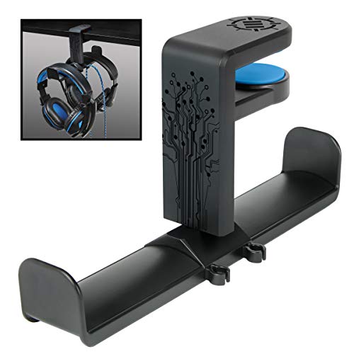 ENHANCE PC Gaming Dual Headphone Stand - Clip-On Desk Headphone Holder with Adjustable 360 Rotation, Under Desk Headset Holder, Universal Fit, & Double Cable Loops Organizer with Silicone Pads