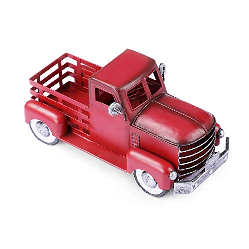 Vintage Red Truck Décor, Decorative Tabletop Storage, Pick-up Metal Truck Planter, Farmhouse Red Truck Christmas Decoration