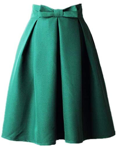 Women’s A Line Pleated Vintage Skirt High Waist Midi Skater with Bow Tie (XS, Green)