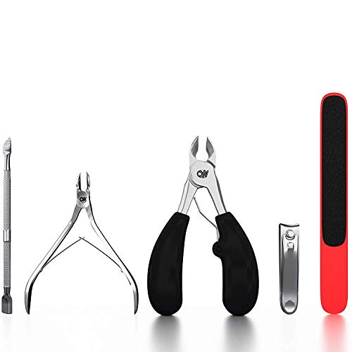 Stainless Steel Thick Toenail Clipper for Ingrown Nails, Cuticle Nipper Scissor, Dead Skin Dirt Pusher, File, Fingernail Cutter Premium Nail Grooming Kit By Opulent Way
