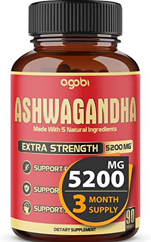5in1 Ashwagandha Capsules - Equivalent to 5200mg Powder - Combined With Turmeric, Ginger, Black Pepper And Rhodiola - Mood And Strength Support Supplement - 1 Pack 90 Capsules 3-Month Supply
