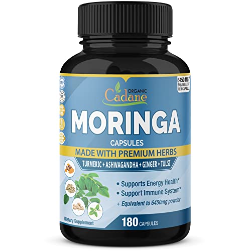 Organic Moringa Extract Capsules 6450mg, 6 Months Supply with Ashwagandha Root, Tulsi, Ginger, Turmeric - Energy Booster, Immune System - 180 Capsules
