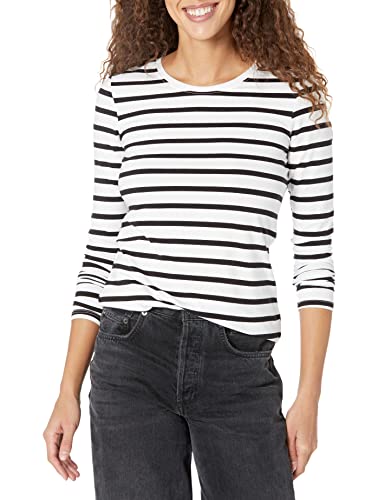 Amazon Essentials Women's Classic-Fit Long-Sleeve Crewneck T-Shirt (Available in Plus Size), Black/White Stripe, Large