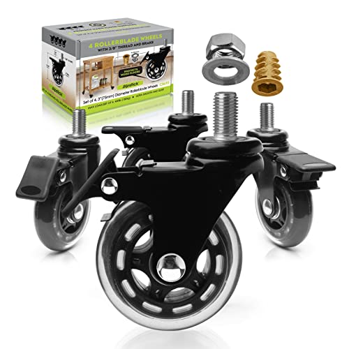 Slipstick CB693 Premium 3 Inch Rubber Caster Wheels with Brake (4 Pack) Replacement Rollerblade Style Swivel Casters with 3/8”– 16x1” Threaded Stem, Includes Mounting Hardware, Black / Clear Castor