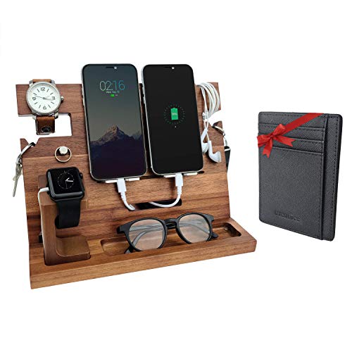 ETERLUCK Wooden Docking Station Men, Nightstand Organizer Bundle w/RFID Blocking Leather Wallet - Charging Station, Cell Phone Stand, Tablet Stand, Husband Gifts from Wife, for Dad - Walnut