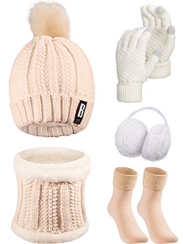 5 Packs Winter Warm Hat and Gloves Set Knitted Scarf Beanie Pompom Hat Winter Ear Warmer Ski Earmuffs Stocking for Women