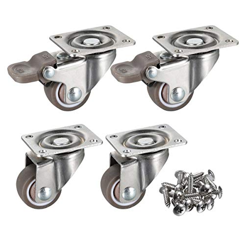 bayite 4 Pack 1' Low Profile Casters Wheels Soft Rubber Swivel Caster with 360 Degree Top Plate 100 lb Total Capacity for Set of 4 (2 with Brakes & 2 Without)