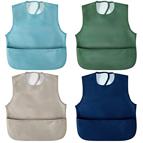 Glimin 4 Pcs Toddler Bibs Waterproof Baby Apron for Boy Girl Mess Proof Bibs for 6 - 24 Months Infant Feeding Bibs with Pocket