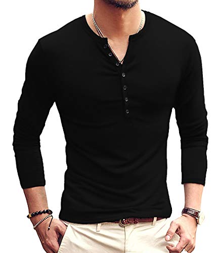 YTD Mens Casual Slim Fit Basic Henley Long Sleeve Fashion T-Shirt L Black