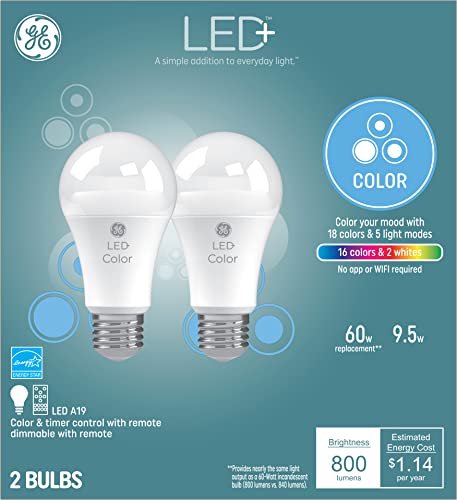 GE LED+ Color Changing Light Bulbs, 18 Colors & 5 Light Modes, No App or Wi-Fi Required, Remote Included, A19 (2 Pack)