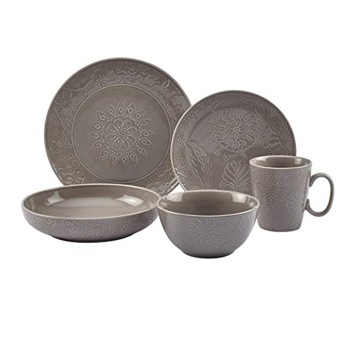 Tabletops Gallery Fashion Dinnerware- Embossed Stoneware Dishes Service for 4 Dinner Salad Appetizer Dessert Plate Bowls, 20 Piece Sophia Dinnerware Set in Grey