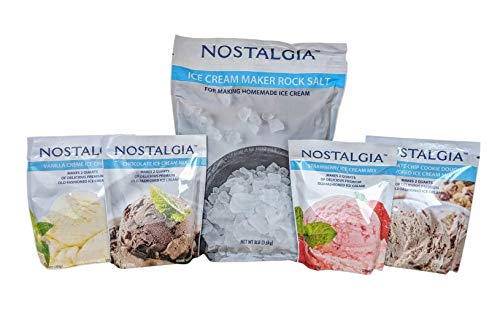 Nostalgia Ice Cream Starter Pack - Ice Cream Maker Rock Salt (8lb) Bundled with Vanilla Creme, Chocolate, Strawberry and Chocolate Chip Cookie Dough Flavored Ice Cream Mix Packets (8oz each)