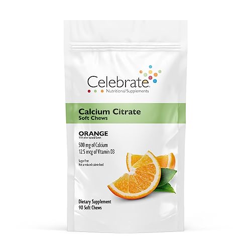 Celebrate Vitamins Bariatric Calcium Citrate Soft Chews with Vitamin D3, 500mg, Sugar-Free & Gluten-Free Calcium Citrate for Bariatric Patients, Orange, 90 Count
