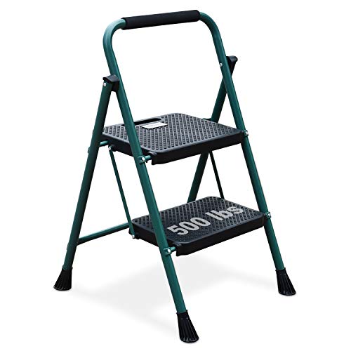 HBTower 2 Step Ladder, Folding Step Stool with Wide Anti-Slip Pedal, Sturdy Steel Ladder, Convenient Handgrip, Lightweight 500lbs Portable, Green and Black