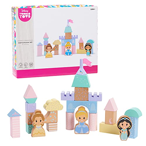 Disney Wooden Toys Princess Castle Block Set, 25-Pieces Include Cinderella, Belle, and Jasmine Block Figures, Officially Licensed Kids Toys for Ages 18 Month by Just Play