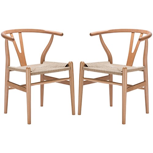 Poly and Bark Weave Modern Wooden Mid-Century Dining Chair, Hemp Seat, Natural (Set of 2)