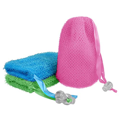 Linkidea 3 Pack Soap Bag, Exfoliating Soap Saver Pouch, Exfoliator Sponge Soap Pocket Drawstring Bags, Body Scrubber for Bath Shower (Three Random Color)
