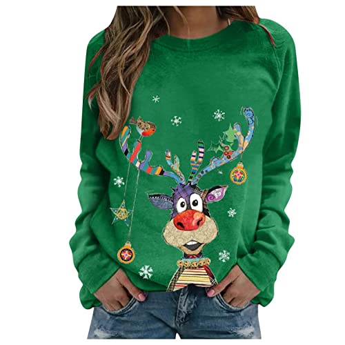 Ugly Christmas Sweatshirt Shirts for Women, HONGDAO Cute Elk Print Casual Long Sleeve Crewneck Pullover Sweatshirts Tops