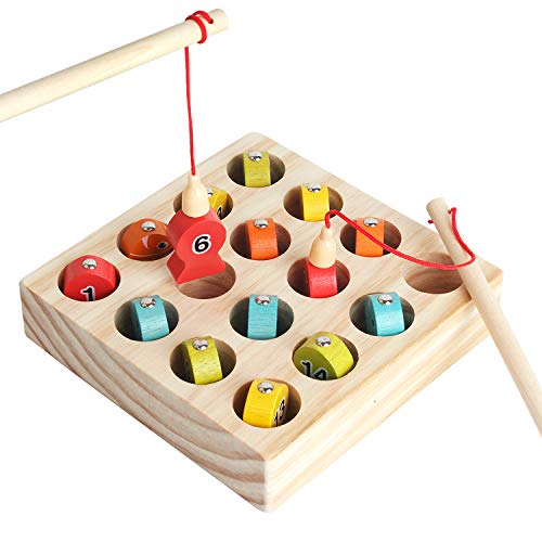bodolo Wooden Magnetic Fishing Game, Fine Motor Skill Toy Number Color Sorting Puzzle, Montessori Letters Cognition Preschool Gift for 3 4 Years Old Toddler Kid Early Learning with 2 Pole