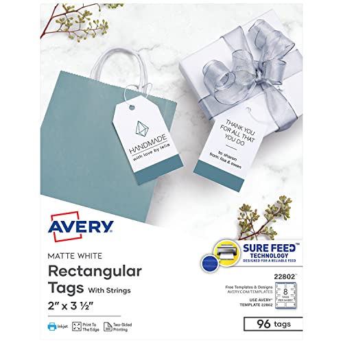 Avery Printable Blank Gift Tags with Sure Feed, 2' x 3.5', White, 96 Customizable Tags with Strings (22802)