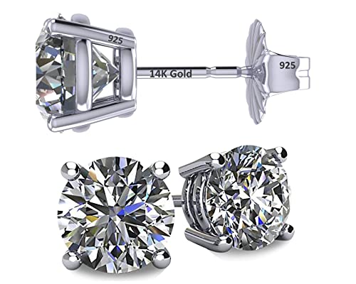 14K Solid Gold Post & Sterling Silver 4 Prong CZ Stud Earrings - Platinum Plated - 6.50mm - 2.00cttw