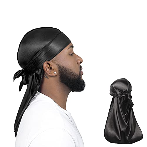 ForceWave 2 Pieces Silky Durag Pack for Men Women Waves, Premium Satin Deluxe Du-rag (Black Black)