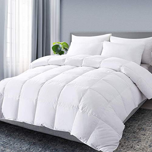 DOWNCOOL Bed Feather Comforter Oversize Queen Filled with Feather & Down, White Quilted Feather Comforter with Cotton Cover– All Season Fluffy Duvet Insert or Stand-Alone