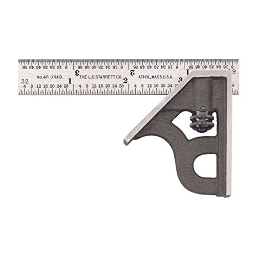 Starrett Steel Combination Square with Square Head - 4' Blade Length, Cast Iron Heads, Hardened Steel, Reversible Lock Bolt, 4R Graduation Type - 11H-4-4R