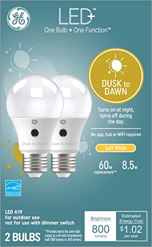 GE LED+ Dusk to Dawn Outdoor Light Bulbs, Sunlight Sensors, Soft White, Automatic On/Off Light Sensing Bulb, A19 Light Bulbs (2 Pack)