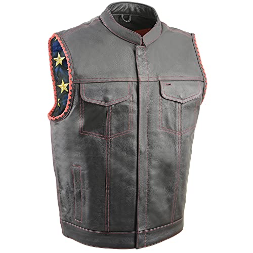 Men's Leather Club Style Biker Vest - Braided Armholes - American Flag Liner - Red, Grey, White & Black Variations (Red Stitching, 3X-Large)