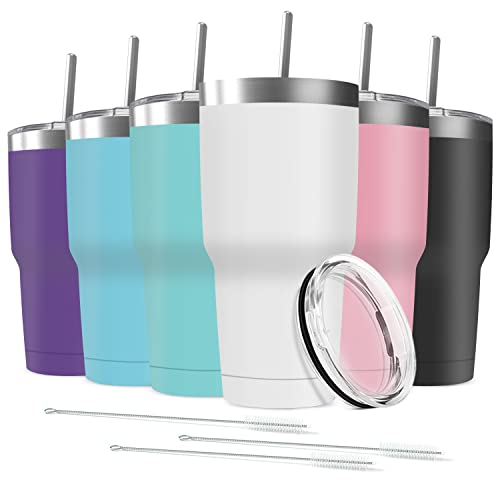 Deitybless 30oz Stainless Steel Travel Mug with Lid, 6 Pack Double Wall Vacuum Insulated Bulk Tumbler with 6 Straws, Powder Coated Coffee Cup Suitable for Vehicle Cup Holders(Assorted Colors)