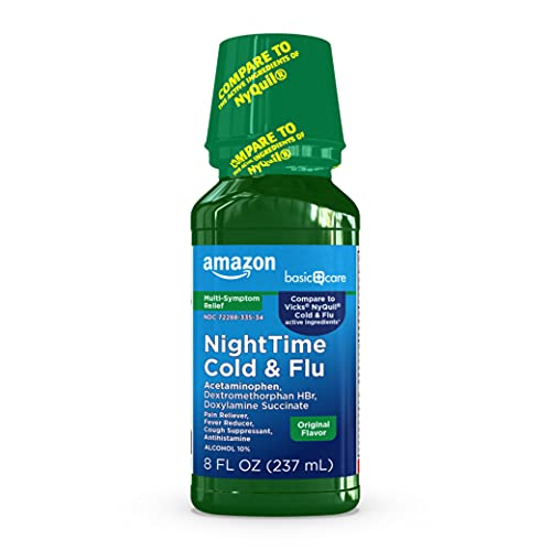 Amazon Basic Care Nighttime Cold & Flu Relief, Pain Reliever, Fever Reducer, Cough Suppressant & Antihistamine, 8 Fluid Ounces