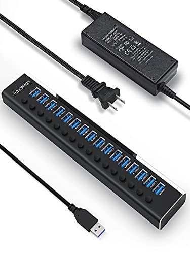 Powered USB Hub Rosonway 16 Ports 100W USB 3.0 Data Hub Aluminum USB Hub 3.0 Splitter with 12V/8.3A UL Certified Power Adapter and Individual On/Off Switches RSH-A16 (Black)