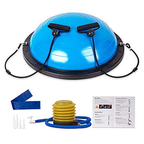 Half Balance Ball 58 cm, Workout Home Fitness Strength Exercise Ball, Half Ball Balance Trainer Stability with Pump, Resistance Band for Yoga Exercise - Blue