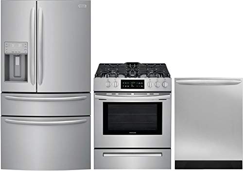 Frigidaire 3 Piece Kitchen Appliance Package with FG4H2272UF 36 French Door Refrigerator FFGH3054US 30 Slide-in Gas Range and FGID2466QF 24 Built In Fully Integrated Dishwasher in Stainless Steel