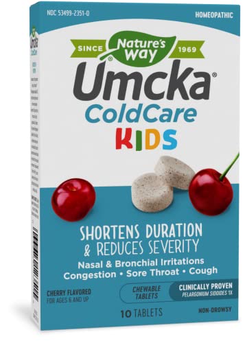 Nature's Way Umcka ColdCare for Kids 6+ Homeopathic, Shortens Colds, Sore Throat, Cough, and Congestion, Phenylephrine Free, Non-Drowsy, Cherry Flavored, 10 Chewable Tablets