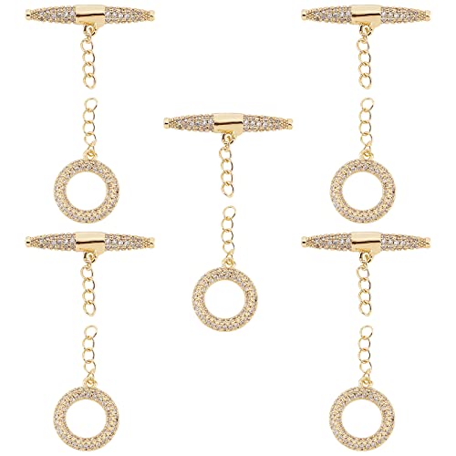 CHGCRAFT 5 Sets Brass Toggle Clasps with Micro Pave Cubic Zirconia Ring Golden Tone Jewelry Findings T-Bar for Necklace Jewelry Making