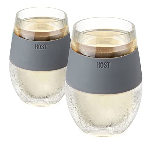 Host Wine Freeze Cup Set of 2 - Plastic Double Wall Insulated Wine Cooling Freezable Drink Vacuum Cup with Freezing Gel, Wine Glasses for Red and White Wine, 8.5 oz Grey - Gift Essentials