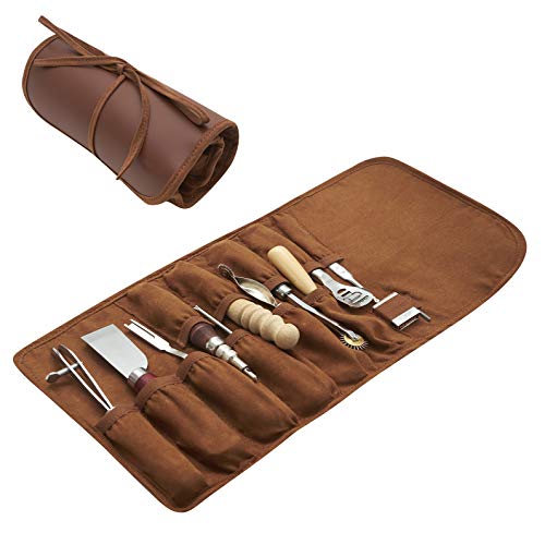 Leather Working Tools, 12 Piece Kit - with Edge Beveler, Skiver, Stitching Tools for Hand Sewing, Scratch Awl, Groover, Skiving Tool and More - Beginner Craft Tools for Adults