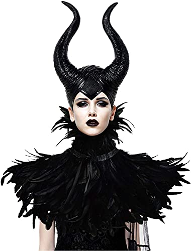 Gothic Black Crow Costume Feather Cape Shawl with Maleficent Horns Cosplay Set