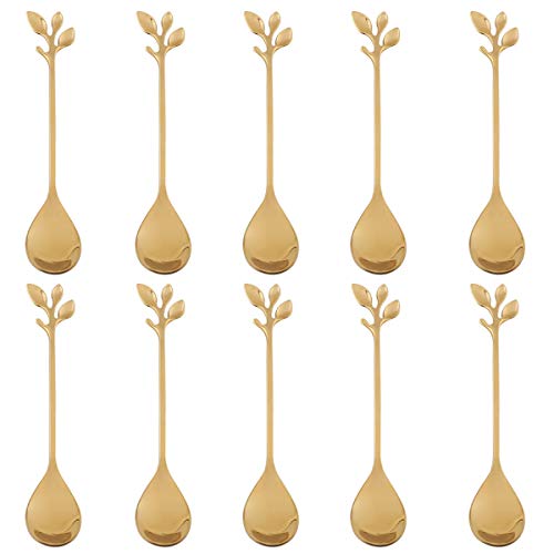 Stainless Steel Gold Leaf Coffee Spoon--AnSaw 10 Pcs Creative Tableware Dessert Spoons, Stirring, Mixing, Sugar, Stir, Ice Cream, Cake, Teaspoon Set (Gold-10Spoon)