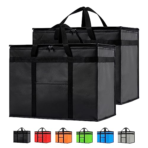 NZ home Insulated Cooler Bag and Food Warmer (XL Plus, 2 Pack) for Food Delivery & Grocery Shopping with Zippered Top, Black