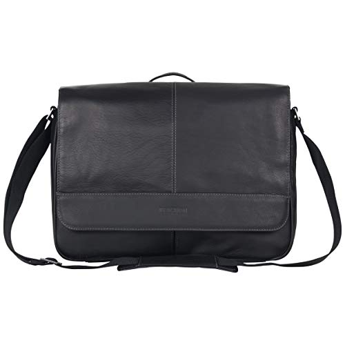 KENNETH COLE REACTION Risky Business Messenger Full-Grain Colombian Leather Crossbody Laptop Case & Tablet Day Bag, Black, One Size