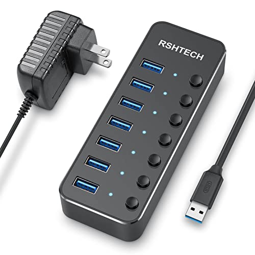 USB 3.0 Hub, RSHTECH 7 Port Powered USB Hub Expander Aluminum USB 3.0 Data Port hub with Universal 5V AC Adapter and Individual On/Off Switches USB Splitter for Laptop and PC(Black)