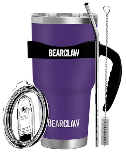 MalloMe BEARCLAW Insulated Tumbler With Handle & Straw - Stainless Steel Tumblers Coffee Travel Mug - Reusable Insulated Cup for Water with Brush, 2 Lids & Straws - Splash-Proof 30 Oz Deep Purple