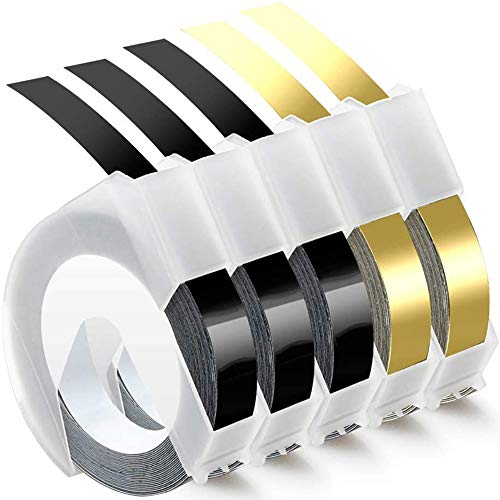Airmall Compatible 3/8 Inch 9mm Embossing Tape Replacement for Dymo 3D Plastic Embossing Label Tape, for Dymo Embossing Label Maker Organizer Xpress 12965, White on Gold/Black, 5-Pack