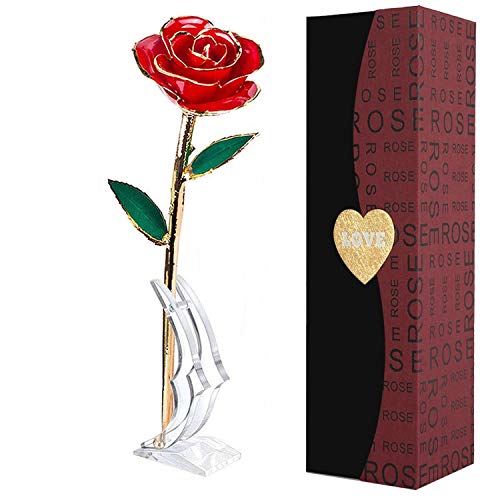 Suturun Gold Dipped Rose,24K Gold Rose with Transparent Stand,Real Long Stem Eternity Rose Flower Best for Her,Mom,Wife,Girlfriend,Anniversary,Mothers Day,Birthday,Valentine's,Wedding