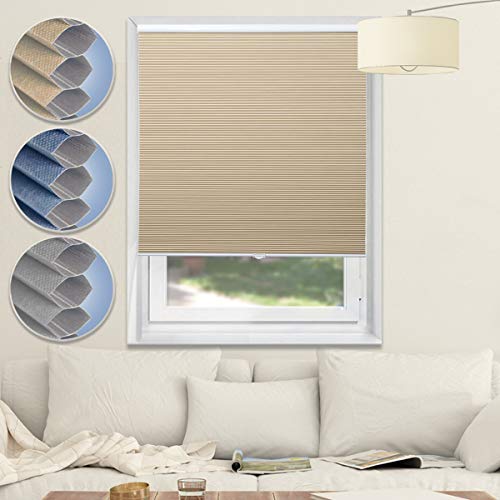 Cordless Blinds Blackout Shades Cellular Window Shades Honeycomb Blinds for Bedroom Kitchen Bathroom, Beige-White, 27x64