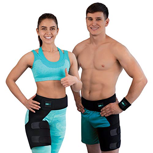 moldAP Hip Brace for Left and Right Legs - Compression Support for Sciatica Pain Relief Thigh Hamstring Quadriceps Hip Arthritis - Groin Wrap for Pulled Muscles - 2 Wristbands Included