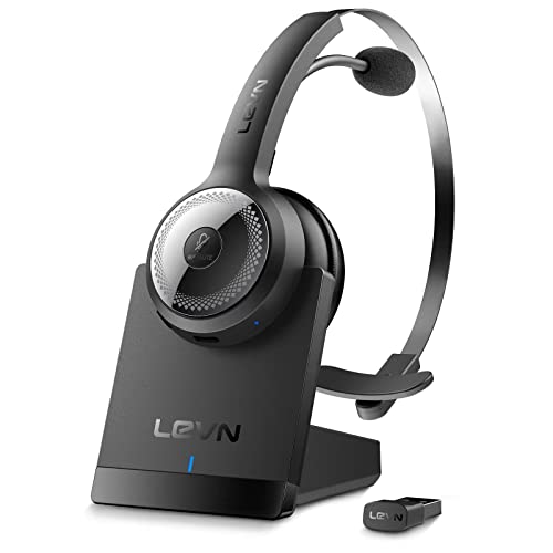 LEVN Bluetooth 5.0 Headset, Wireless Headset with Microphone (AI Noise Cancelling), 35Hrs Wireless Headset for Work with USB Dongle & Charging Base, Ideal for Working from Home/Open Office/Teams/Zoom